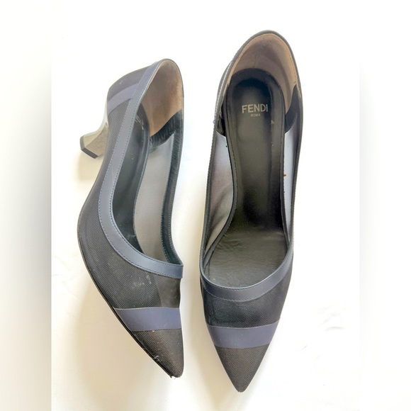Fendi Navy Blue Black Mesh leather trim Colibri pumps EU 38 - Picture 1 of 13